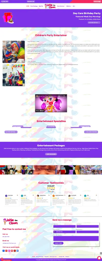 Screenshot der alten Website von Johie the Clown – unübersichtliche Navigation und kein klarer Buchungsweg